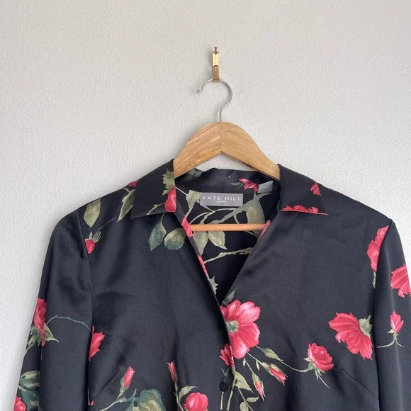 Vintage 90s Kate Hill Petite 100% Silk Floral Print Long Sleeve Blouse - Picture 4 of 9